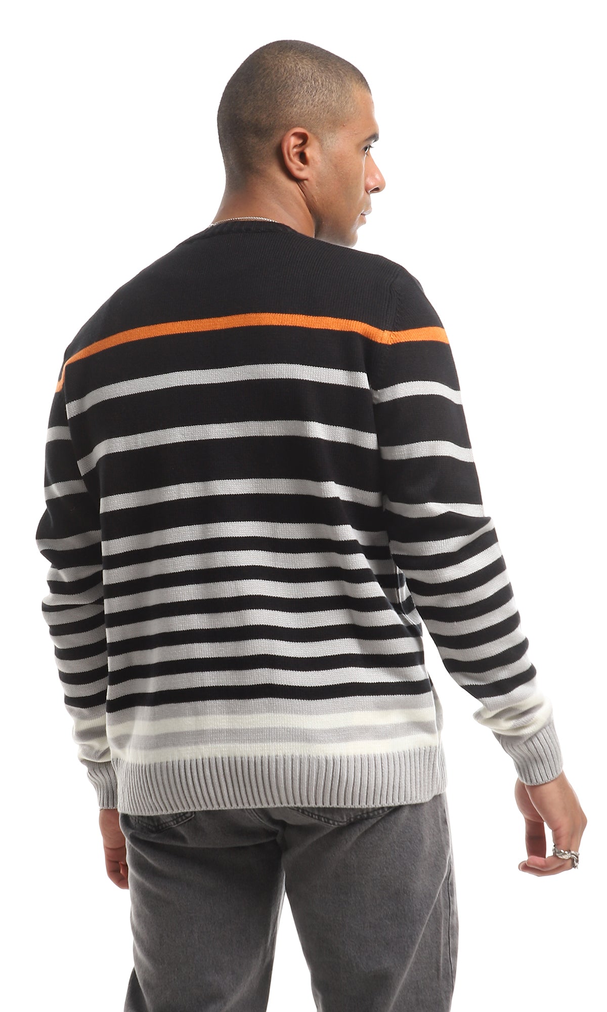 O160322 Striped Slip On Round Neck Pullover - Black & Grey