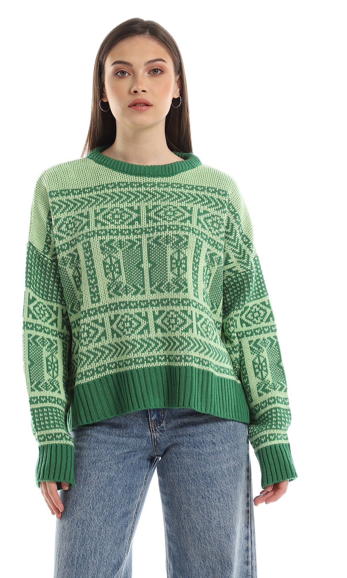 O160342 Patterned Round Neck Acrylic Pullover - Mint & Green