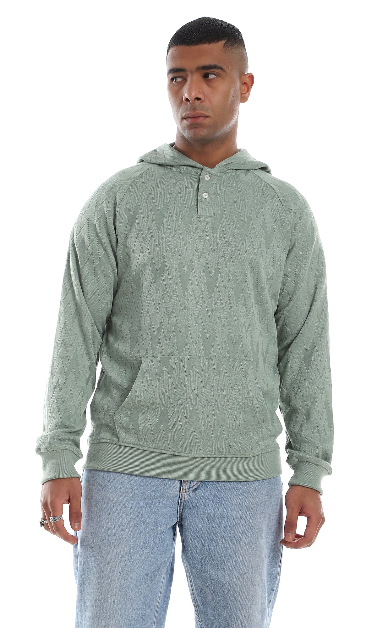 O160529 Knitted Buttoned Kangaroo Pocket Mint Hooded Sweater