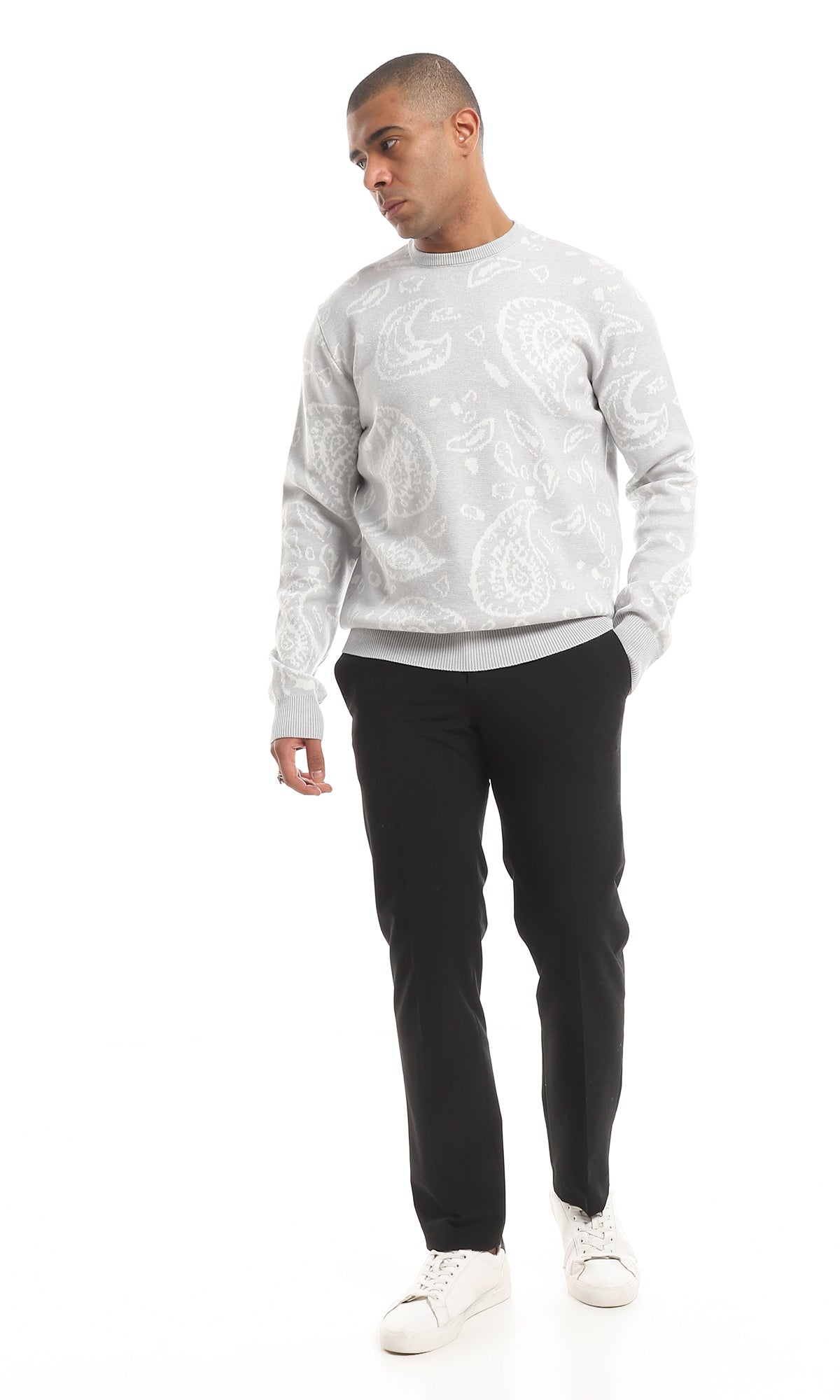 O161087 Ribbed Neckline & Hemline Cozy Patterned Pullover - Light Grey
