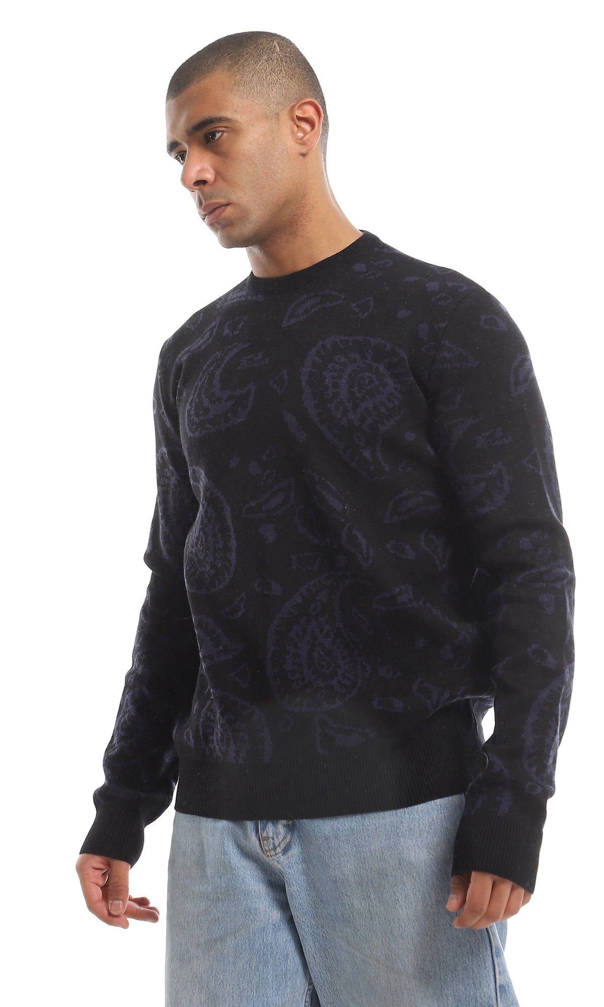 O161088 Cozy Patterned Round Neck Pullover - Black