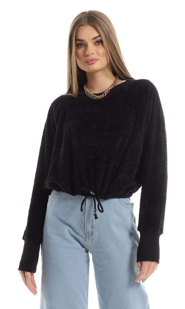 O161260 Fluffy Round Neck Cropped Fur Sweatshirt With Elastic Waist - Black