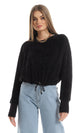 O161260 Fluffy Round Neck Cropped Fur Sweatshirt With Elastic Waist - Black