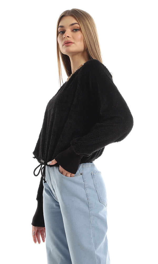O161260 Fluffy Round Neck Cropped Fur Sweatshirt With Elastic Waist - Black