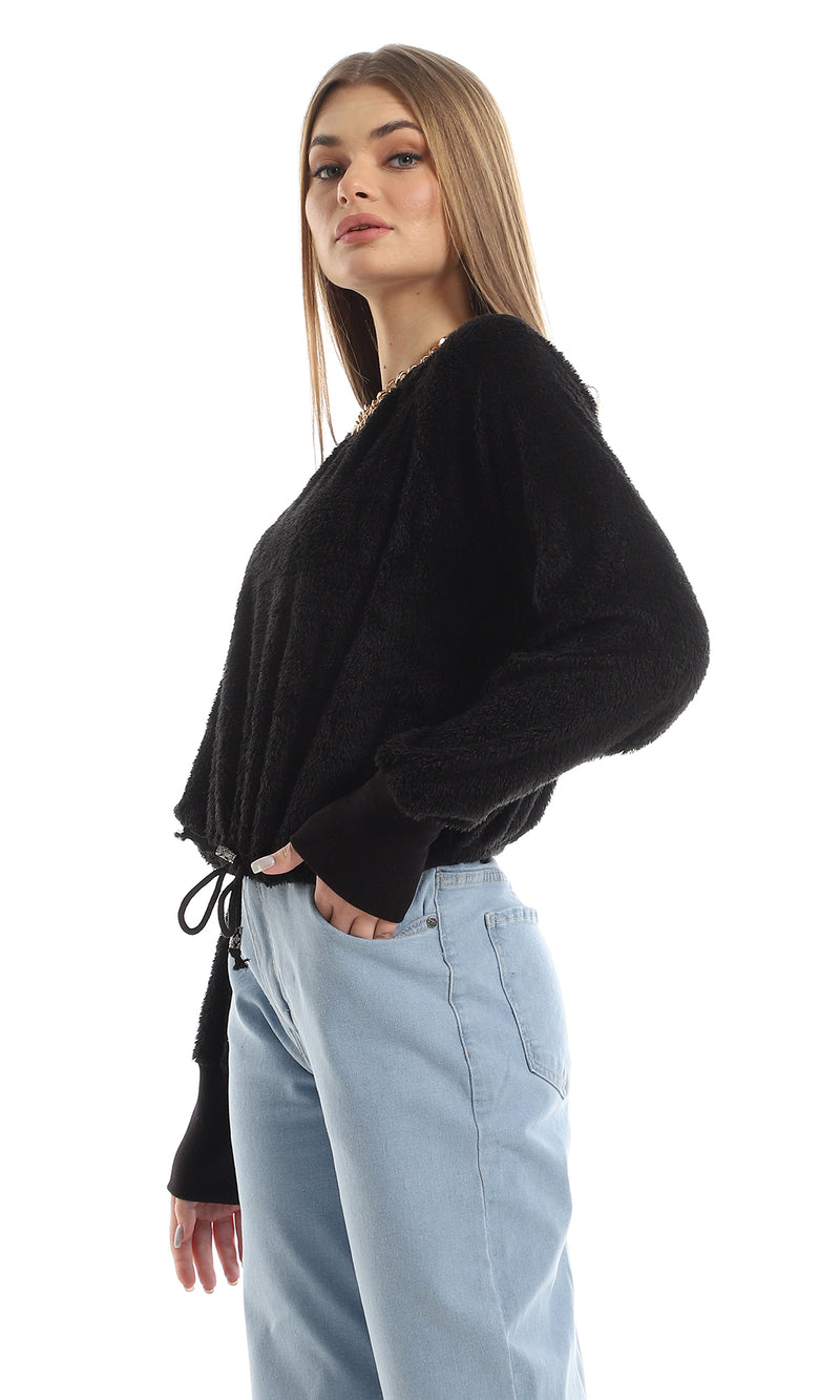 O161260 Fluffy Round Neck Cropped Fur Sweatshirt With Elastic Waist - Black