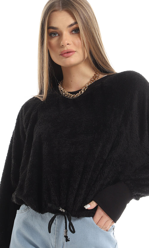 O161260 Fluffy Round Neck Cropped Fur Sweatshirt With Elastic Waist - Black