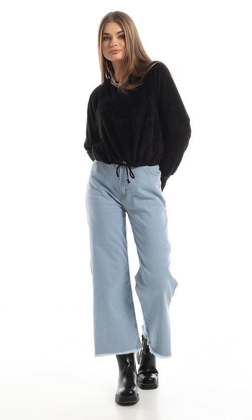 O161260 Fluffy Round Neck Cropped Fur Sweatshirt With Elastic Waist - Black