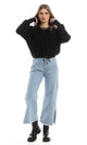 O161260 Fluffy Round Neck Cropped Fur Sweatshirt With Elastic Waist - Black