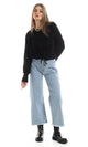 O161260 Fluffy Round Neck Cropped Fur Sweatshirt With Elastic Waist - Black