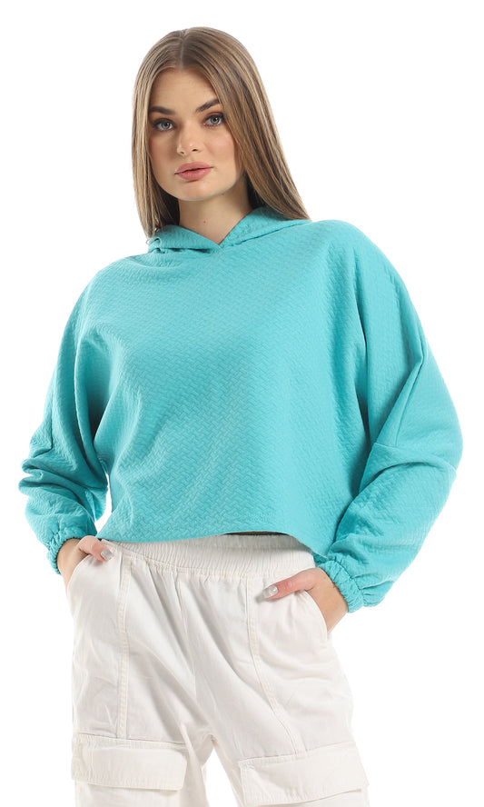 O161261 Cropped Over Sized Loose Hooded Self Patterned Sweatshirt - Turquoise