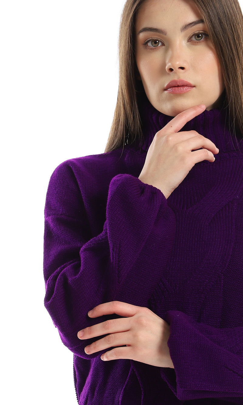 O161295 Knitted Turtle Neck Slip On Pullover - Purple