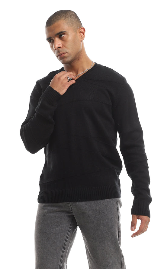 O161323 Classic Knitted V-Neck Long Sleeved Plain Pullover - Black