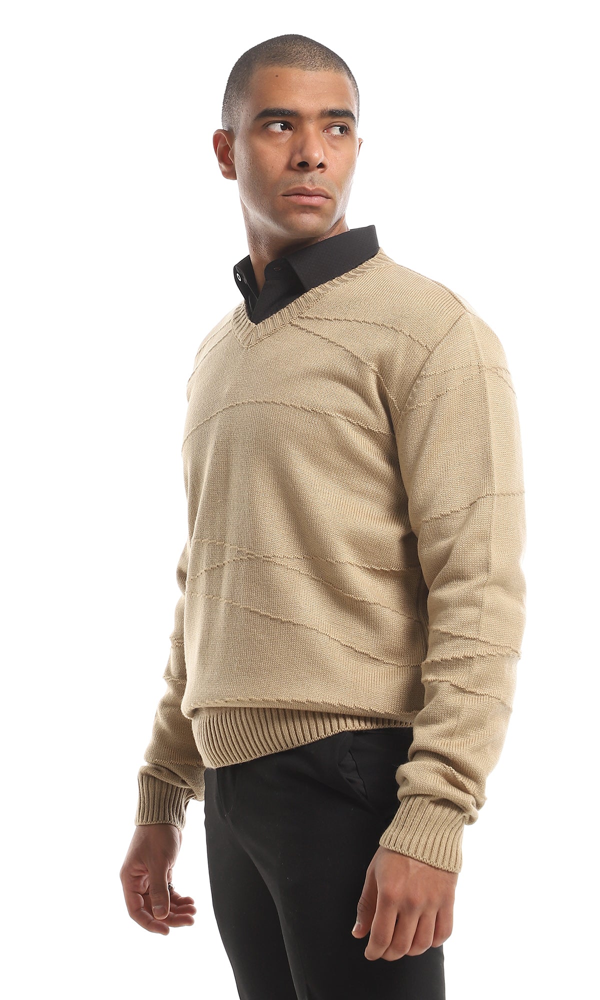O161325 Cozy V-Neck Knitted Acrylic Pullover - Coffee