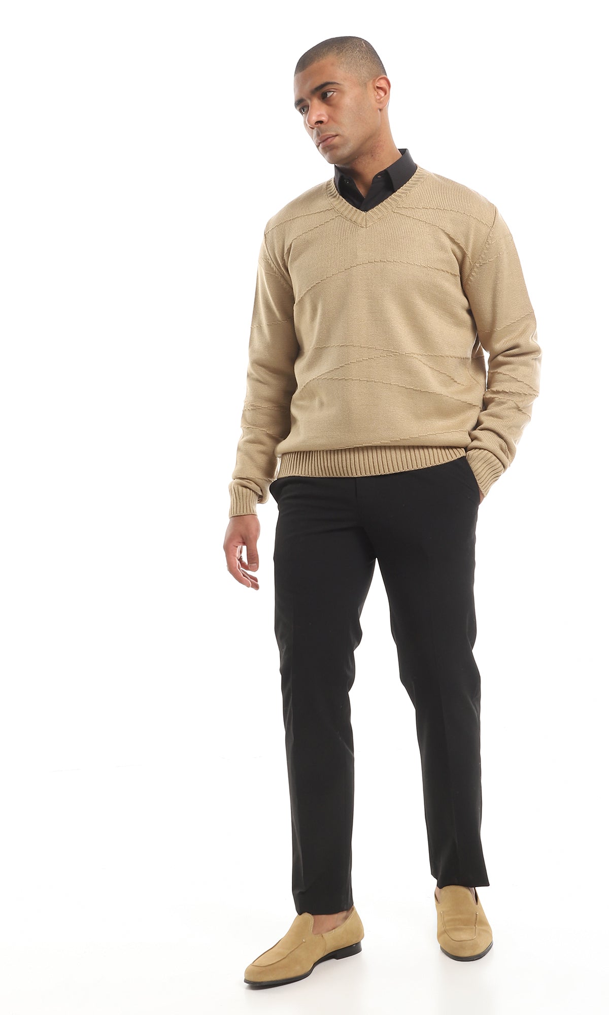 O161325 Cozy V-Neck Knitted Acrylic Pullover - Coffee