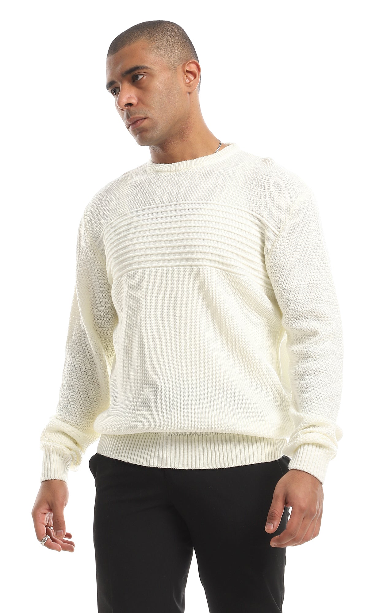 O161326 Knitted Acrylic Round Neck Pullover - Cream