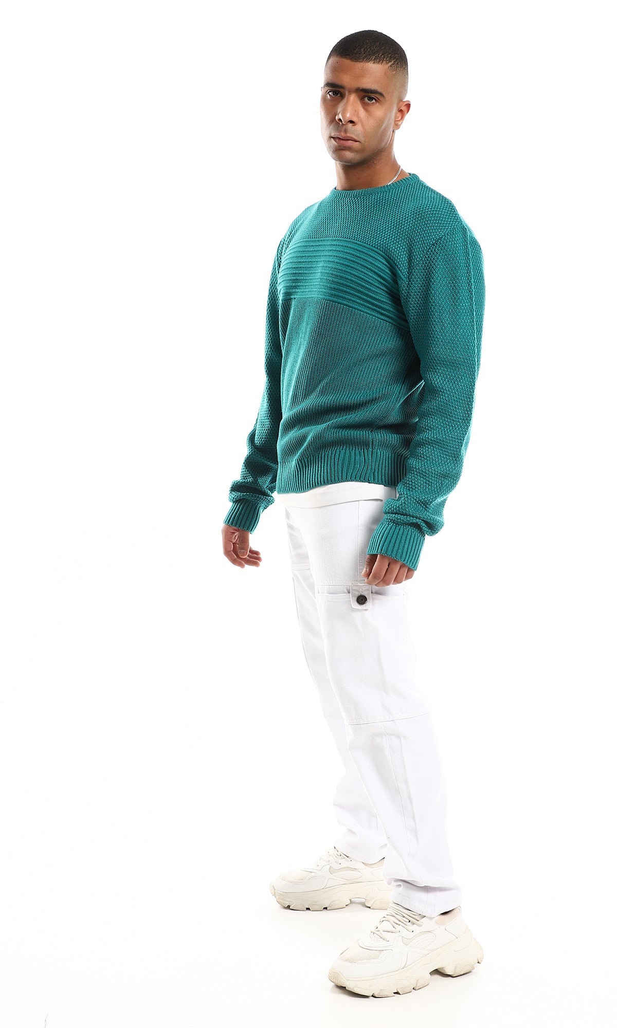 O161327 Teal Green Slip On Knitted Long Sleeves Pullover