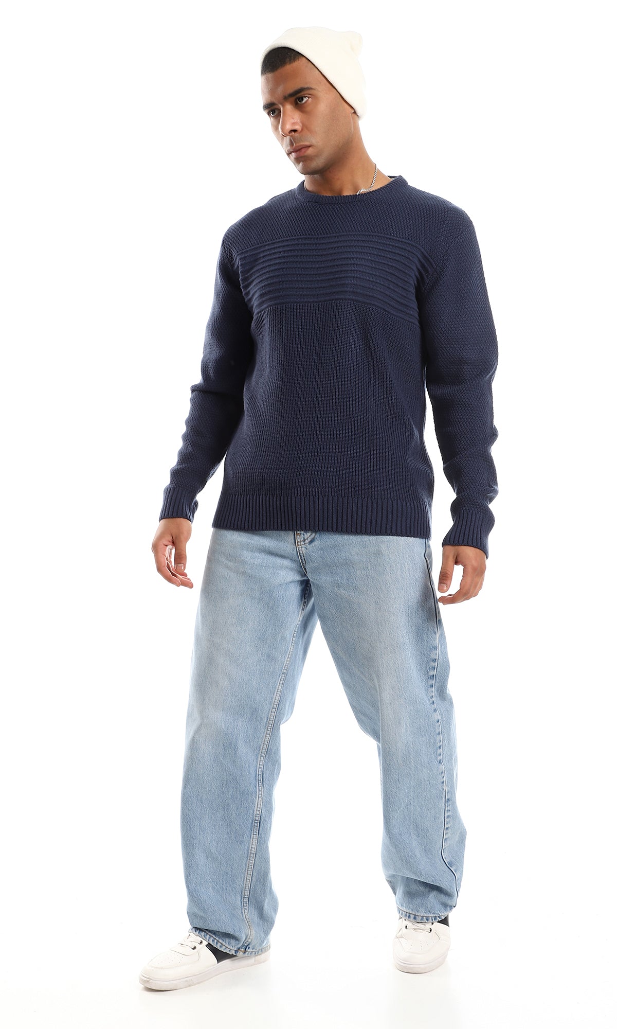 O161328 Round Neck Knitted Long Sleeves Petroleum Pullover