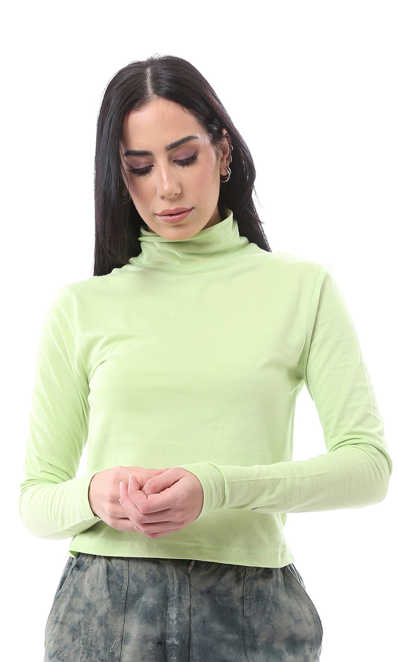 تي شيرت سادة بأكمام طويلة ورقبة عالية ليموني