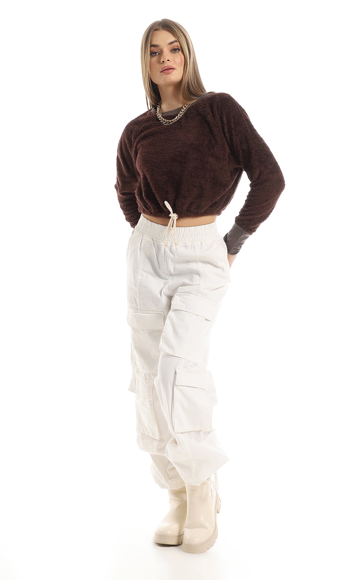 O161379 Round Neck Long Sleeved Fur Cropped Sweatshirt - Brown
