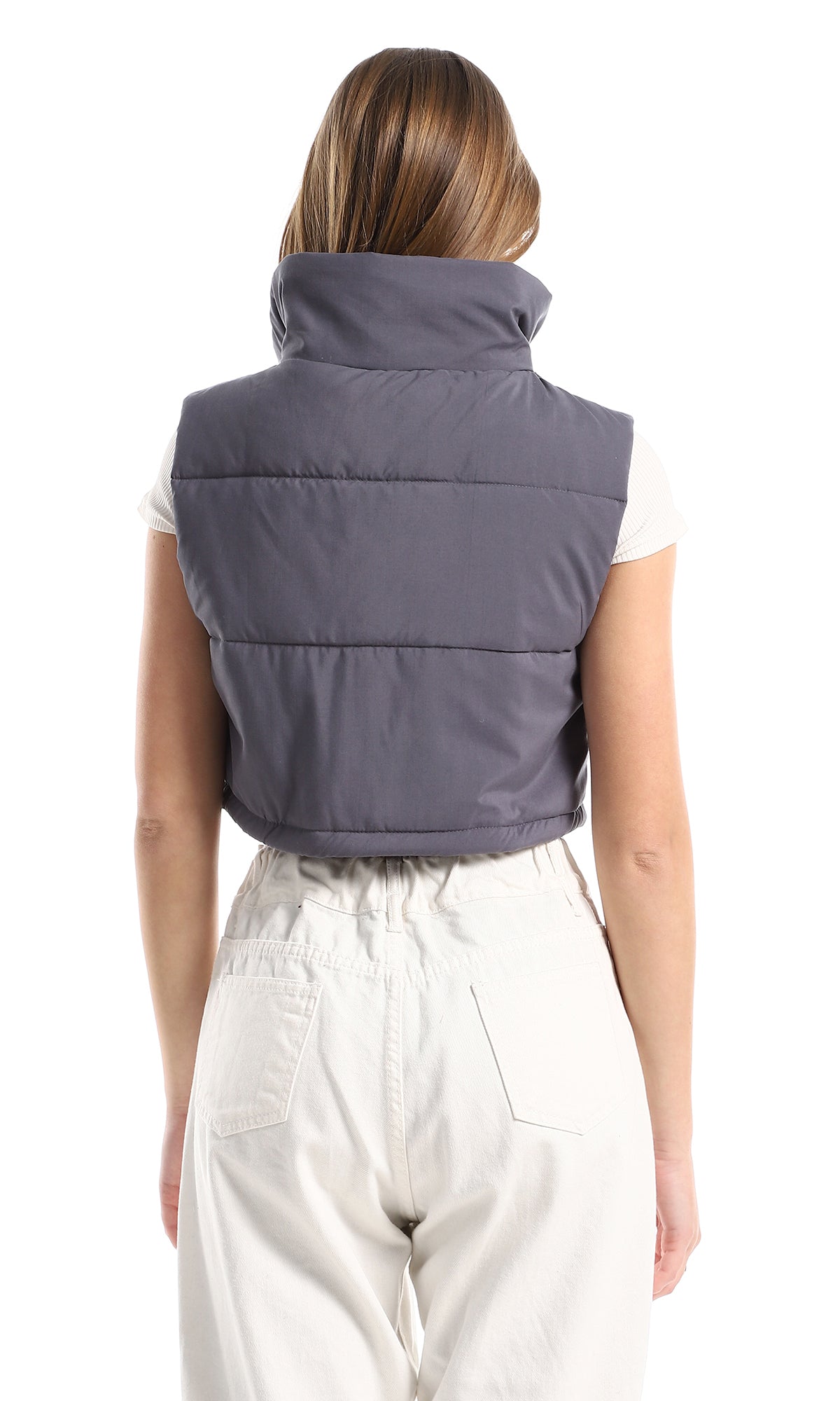 O161465 Plain Grey Sleeveless Zip Through Neck Cropped Quilted Vest