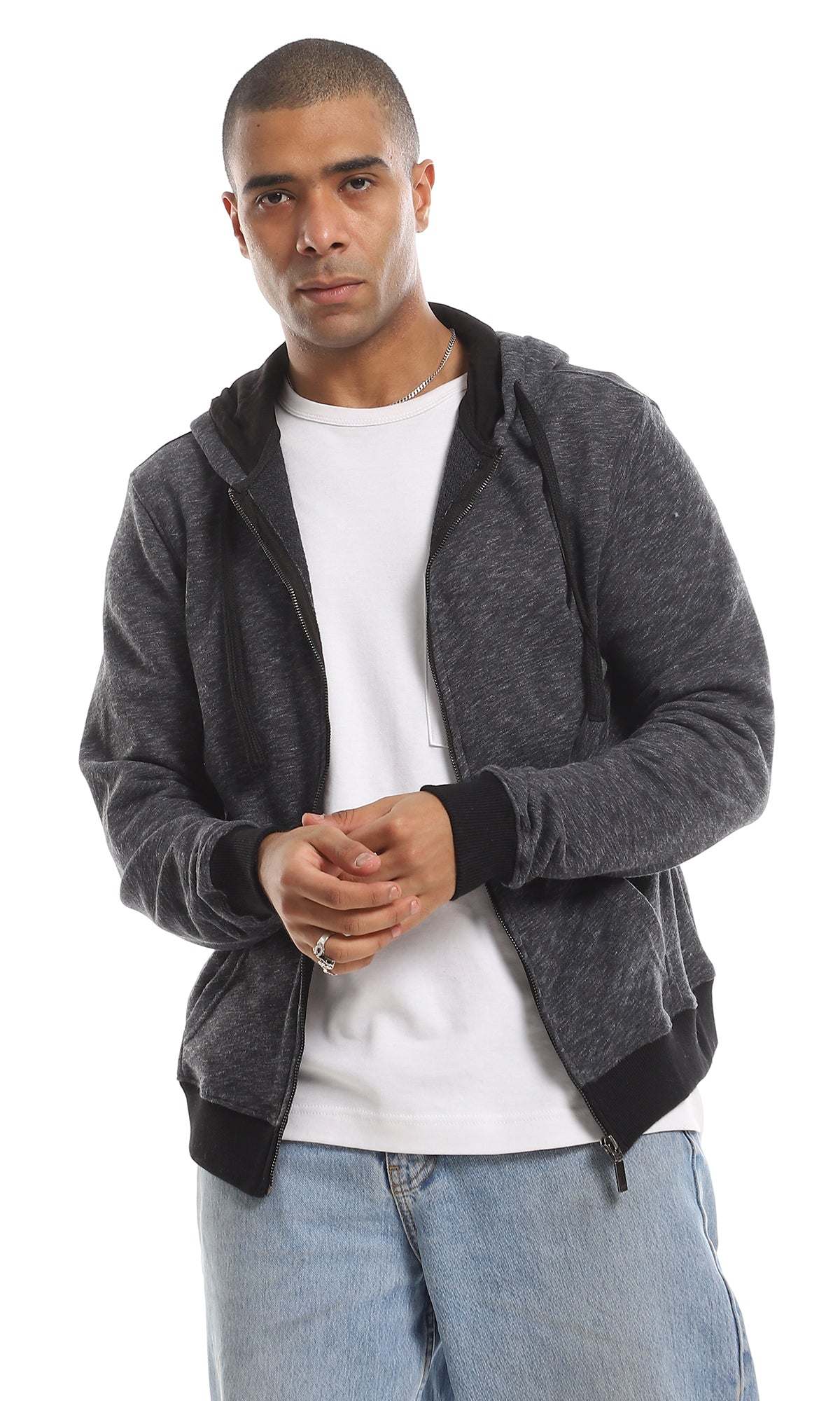 O161645 Heather Hooded Zipped Sweatshirt With Side Pockets - Dark Grey & Black