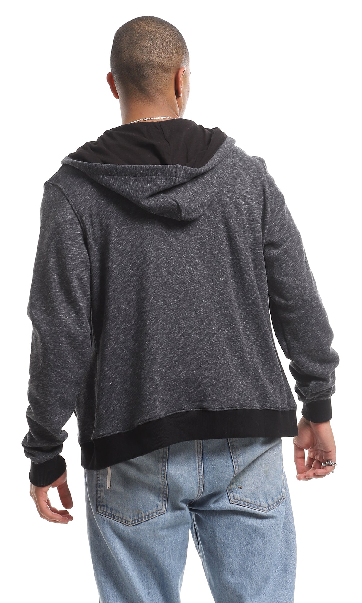 O161645 Heather Hooded Zipped Sweatshirt With Side Pockets - Dark Grey & Black