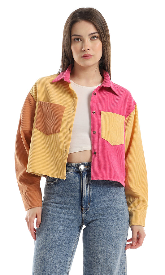 O161653 Ribbed Long Sleeves Cropped Bi-Tone Shirt - Fuchsia & Yellow