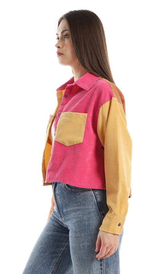 O161653 Ribbed Long Sleeves Cropped Bi-Tone Shirt - Fuchsia & Yellow