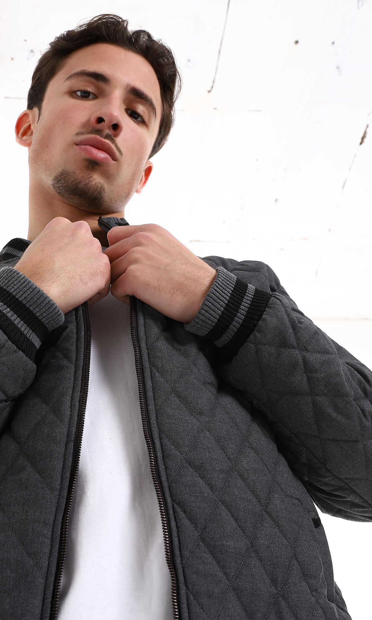 O161818 Quilted Heather Charcoal Zipper Closure Jacket