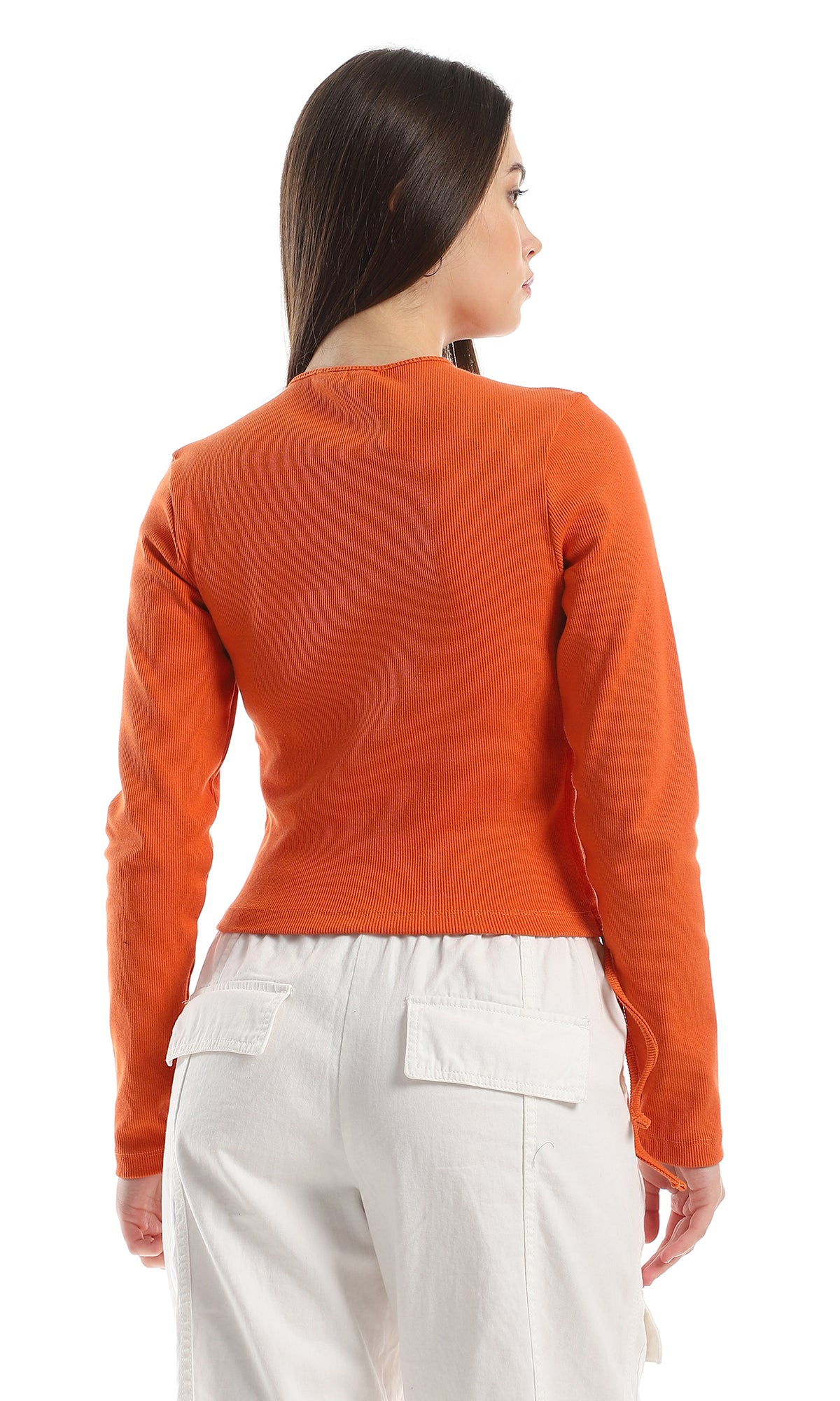 O162136 Side Adjustable Drawstring Ribbed Orange Top