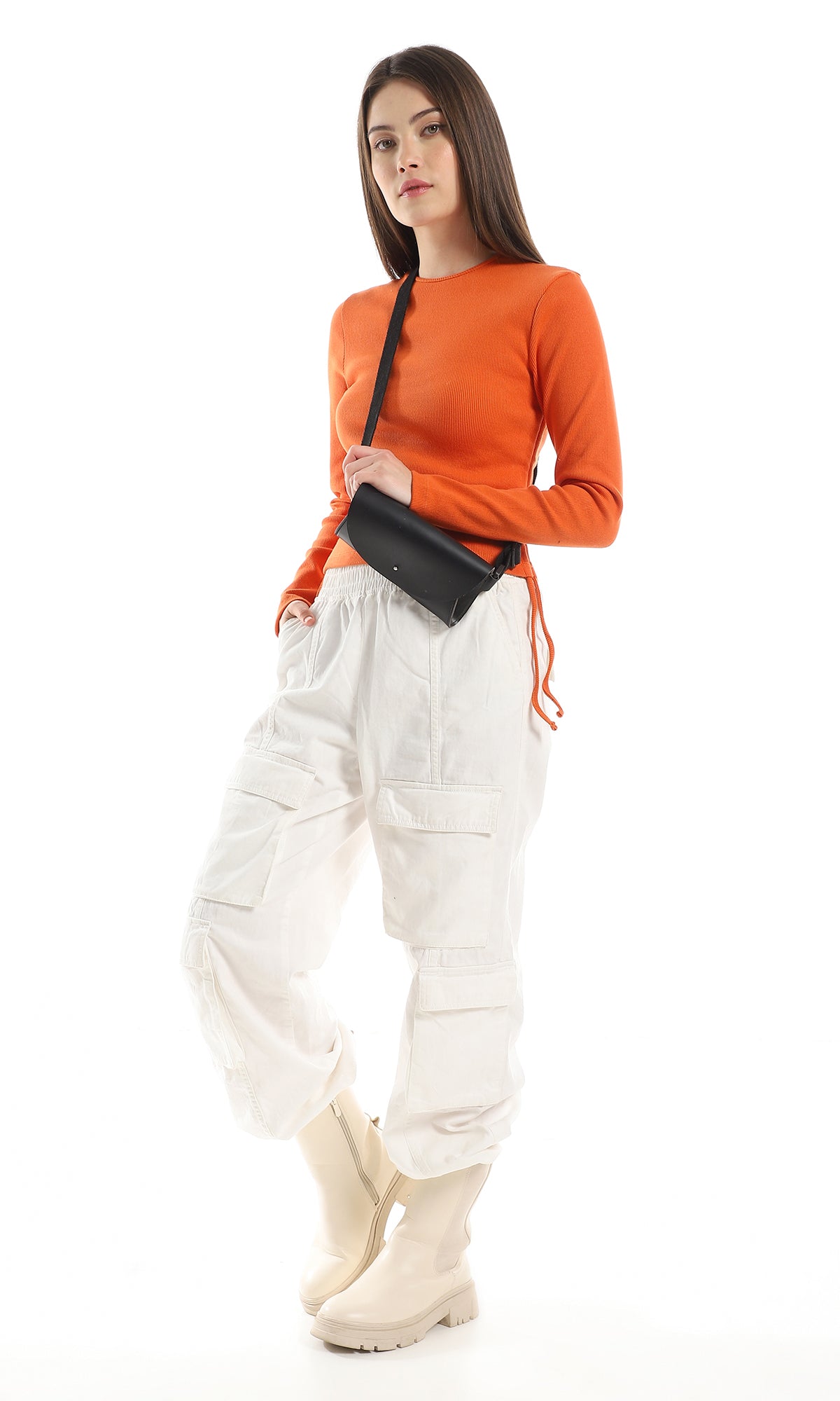 O162136 Side Adjustable Drawstring Ribbed Orange Top