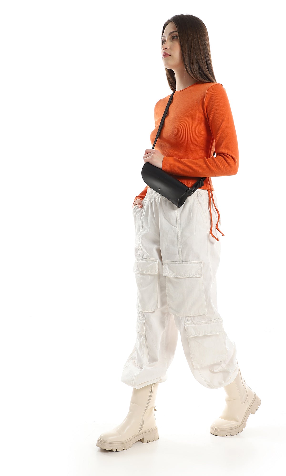 O162136 Side Adjustable Drawstring Ribbed Orange Top