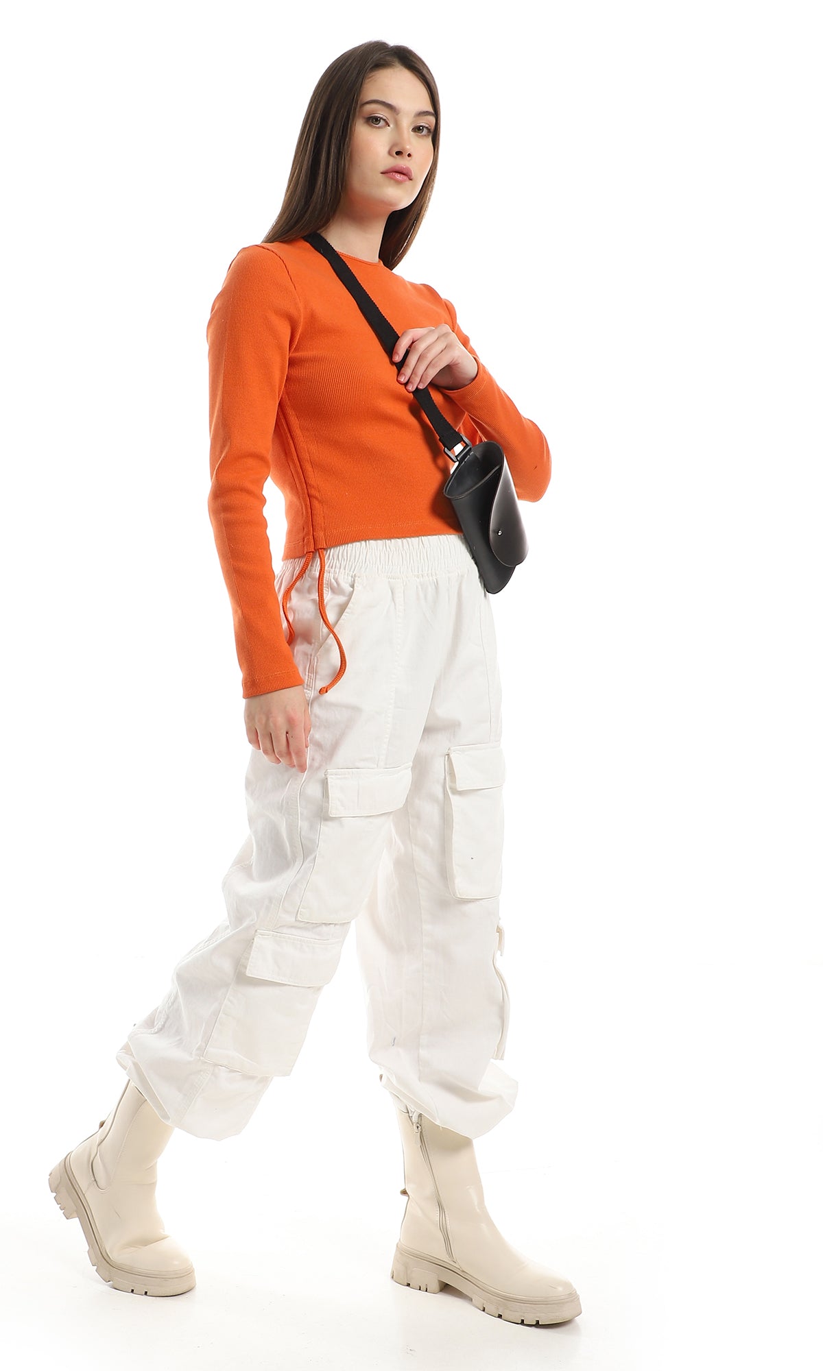 O162136 Side Adjustable Drawstring Ribbed Orange Top