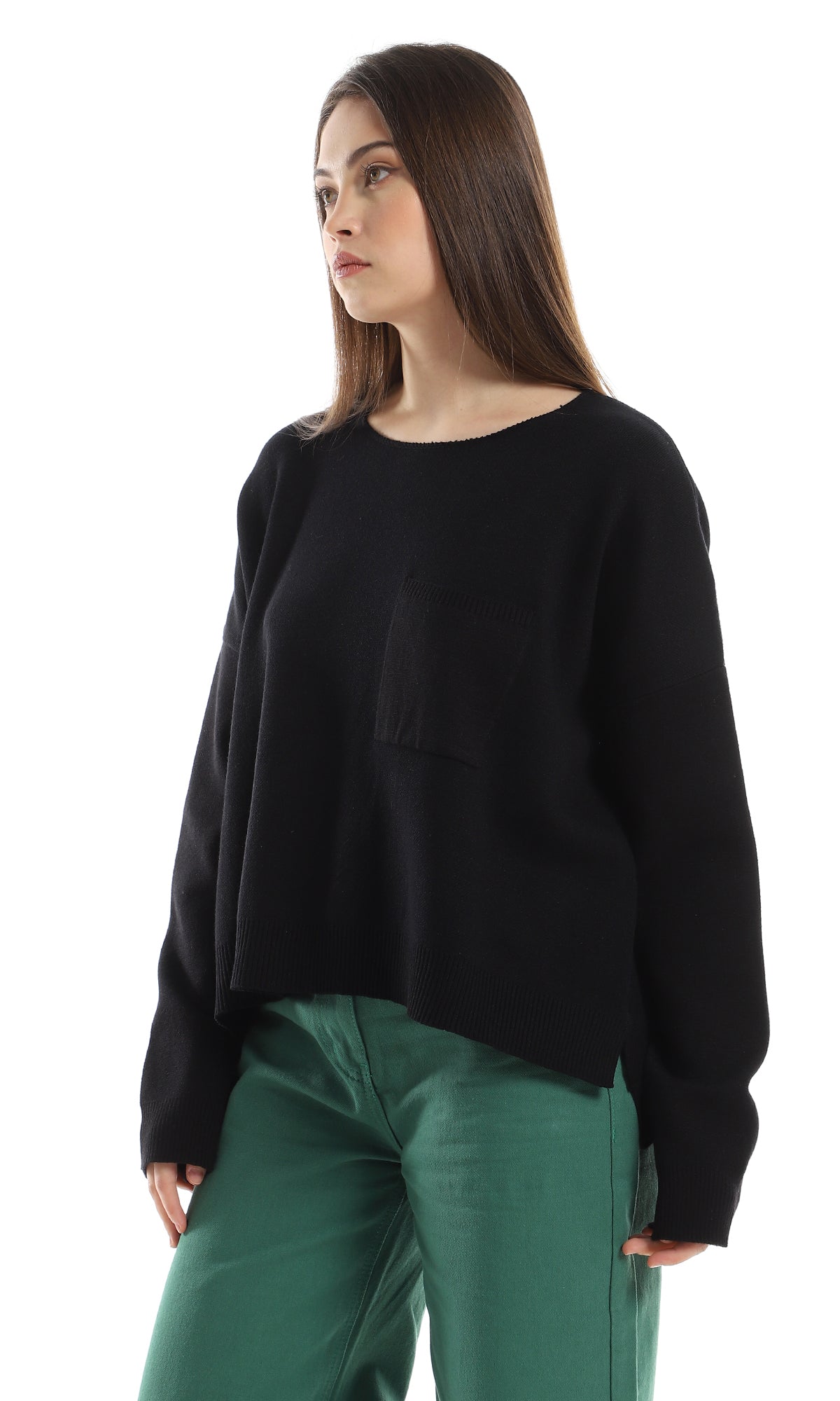 O162568 Side Slits Basic Black Pullover With Side Pocket