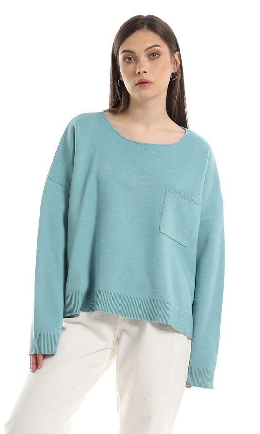 O162572 Side Slits With Ribbed Trim Pullover - Light Turquoise
