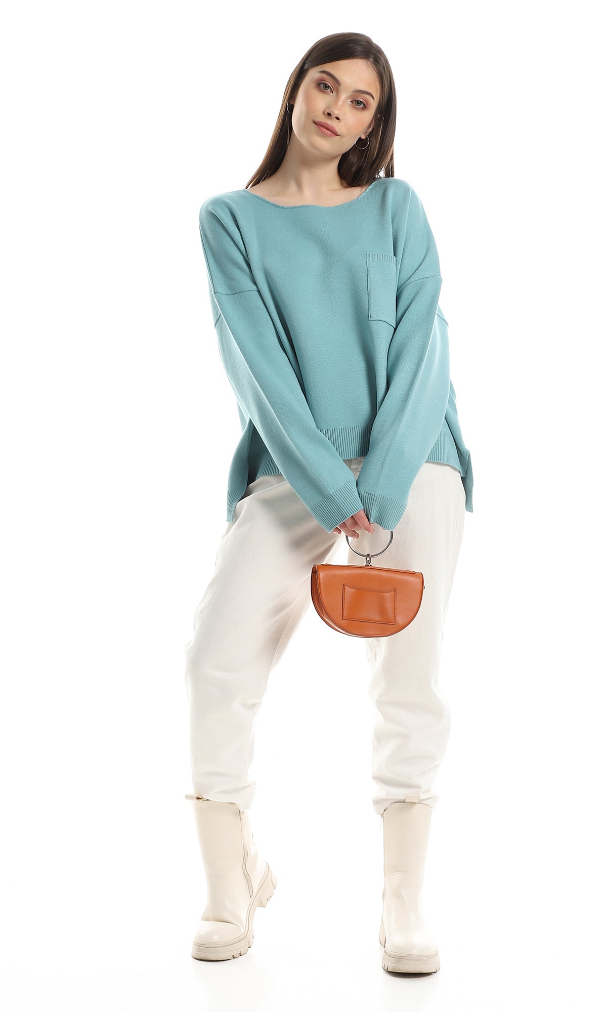 O162572 Side Slits With Ribbed Trim Pullover - Light Turquoise