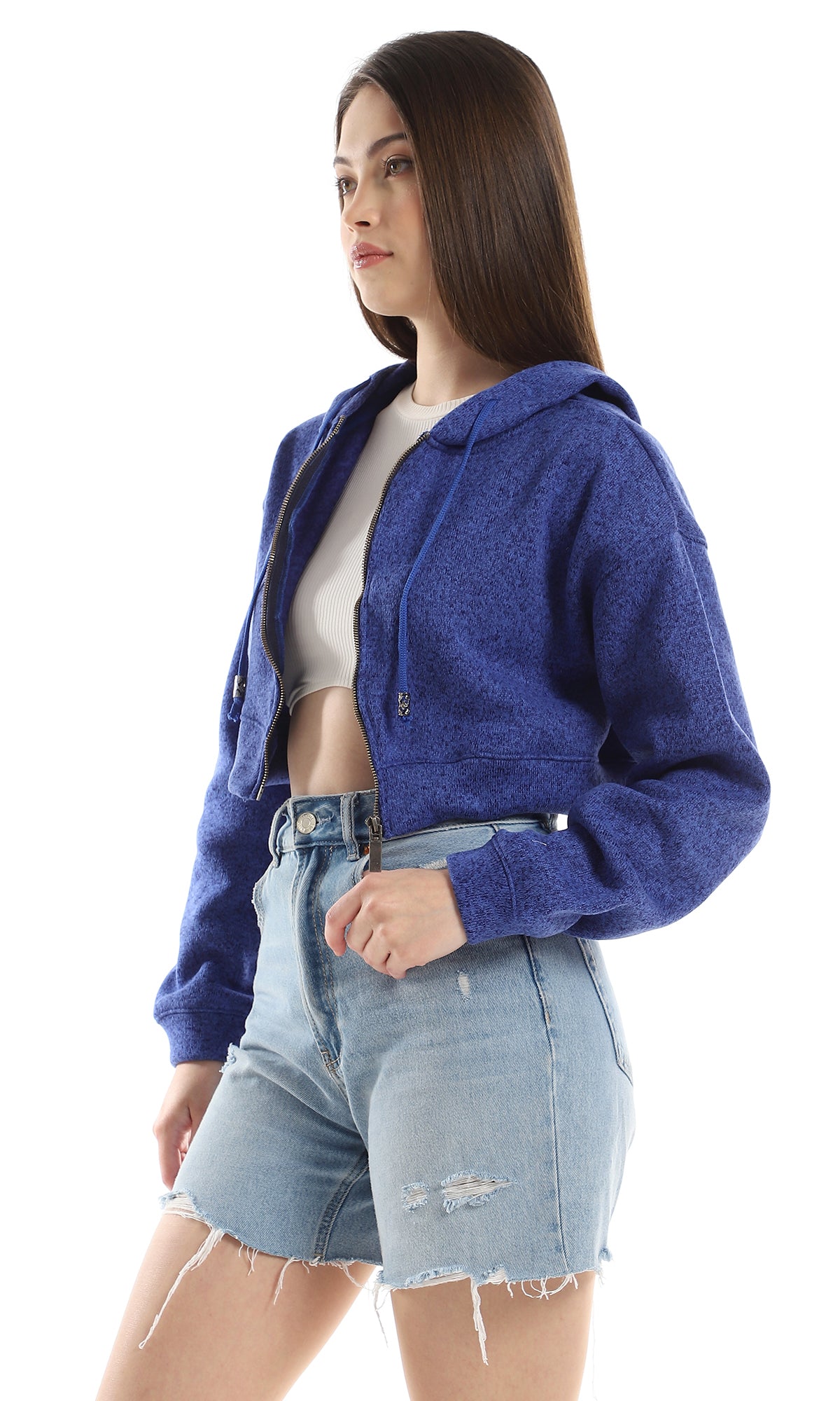 O162656 Front Zipper Cotton Hooded Sweatshirt - Heather Blue