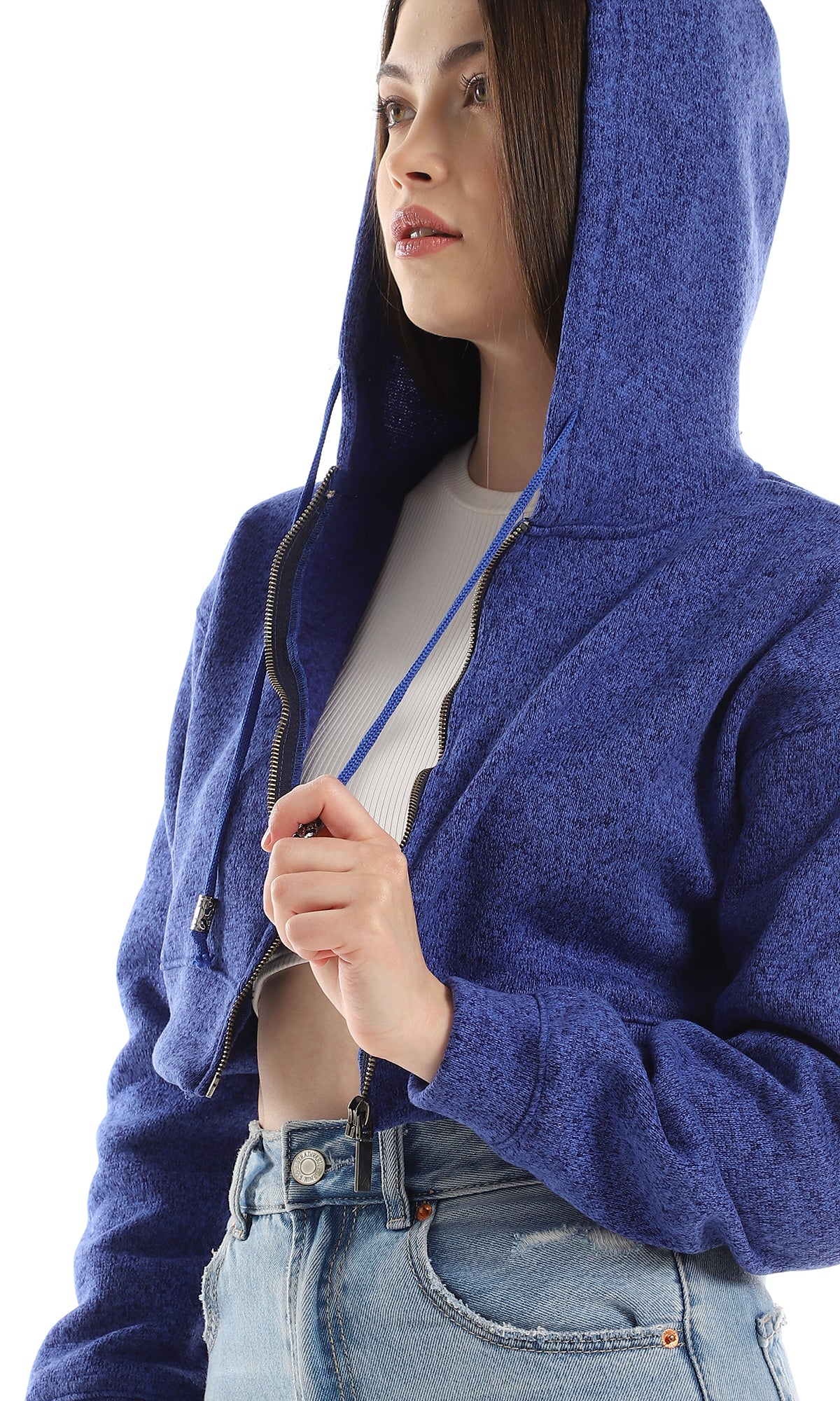 O162656 Front Zipper Cotton Hooded Sweatshirt - Heather Blue