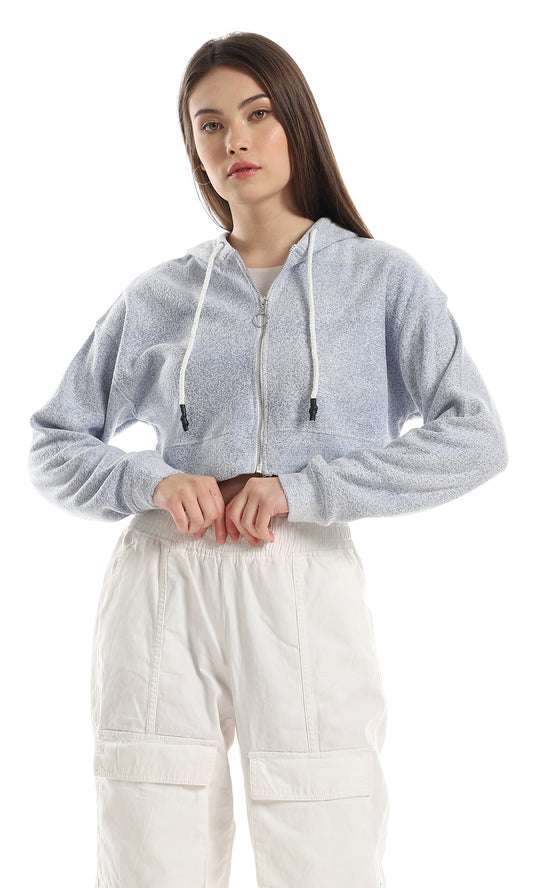 O162657 Internal Fleece Zipped Hooded Heather Blue Cropped Sweatshirt
