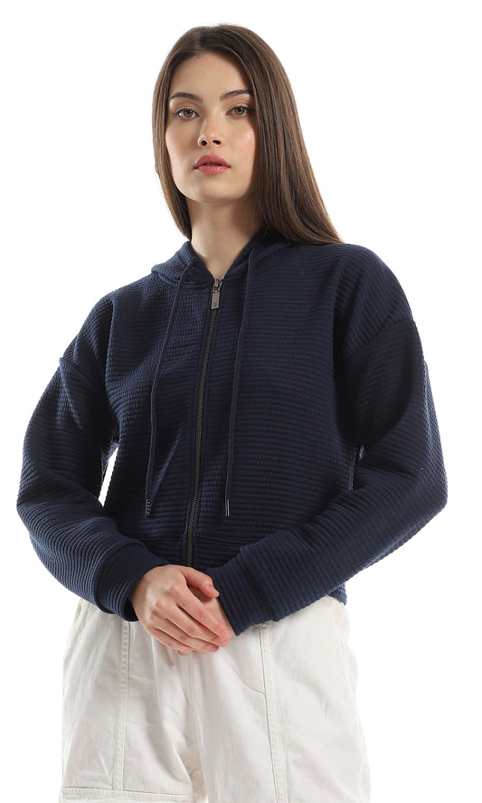 O162743 Zipper Ribbed Polyester Hooded Sweatshirt - Navy Blue
