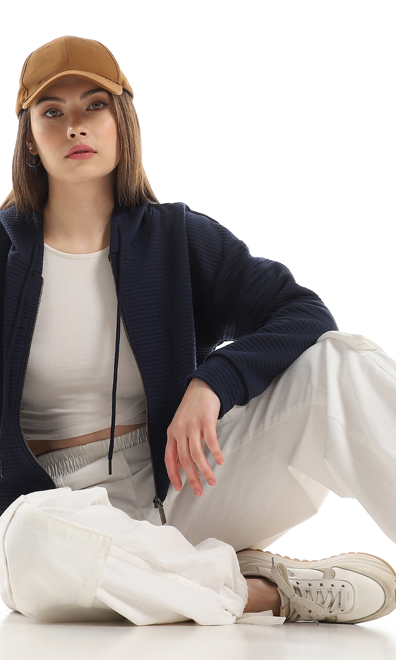 O162743 Zipper Ribbed Polyester Hooded Sweatshirt - Navy Blue