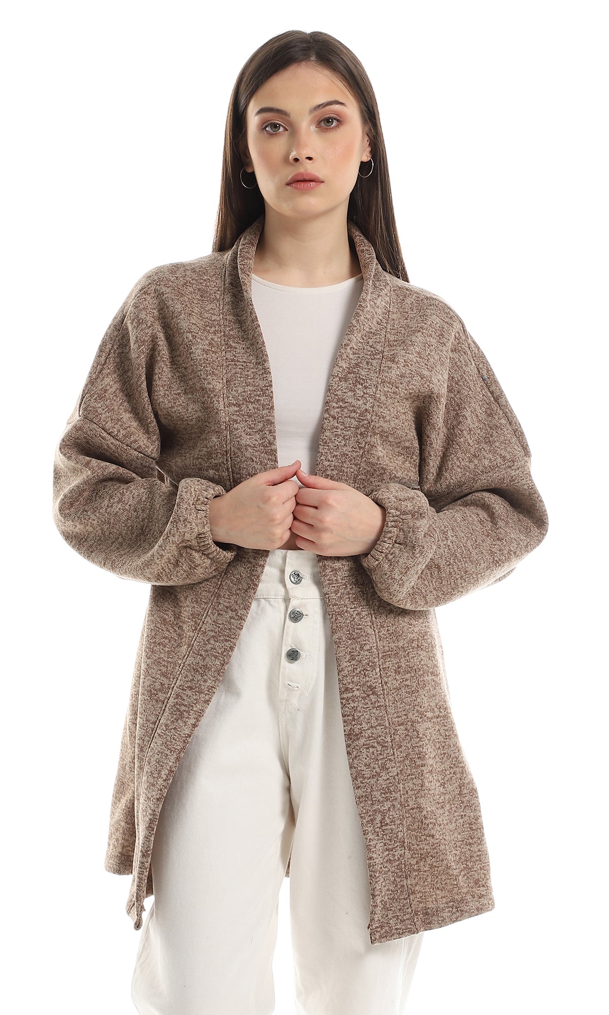 O162759 Knitted Long Sleeves Cardigan With Elastic Cuffs - Brown & Beige
