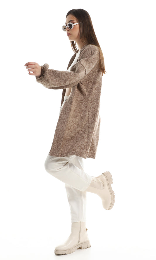 O162759 Knitted Long Sleeves Cardigan With Elastic Cuffs - Brown & Beige