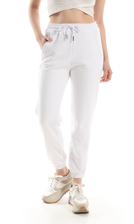 O162763 Inner Fleece Comfy Elastic Waist Pants - White