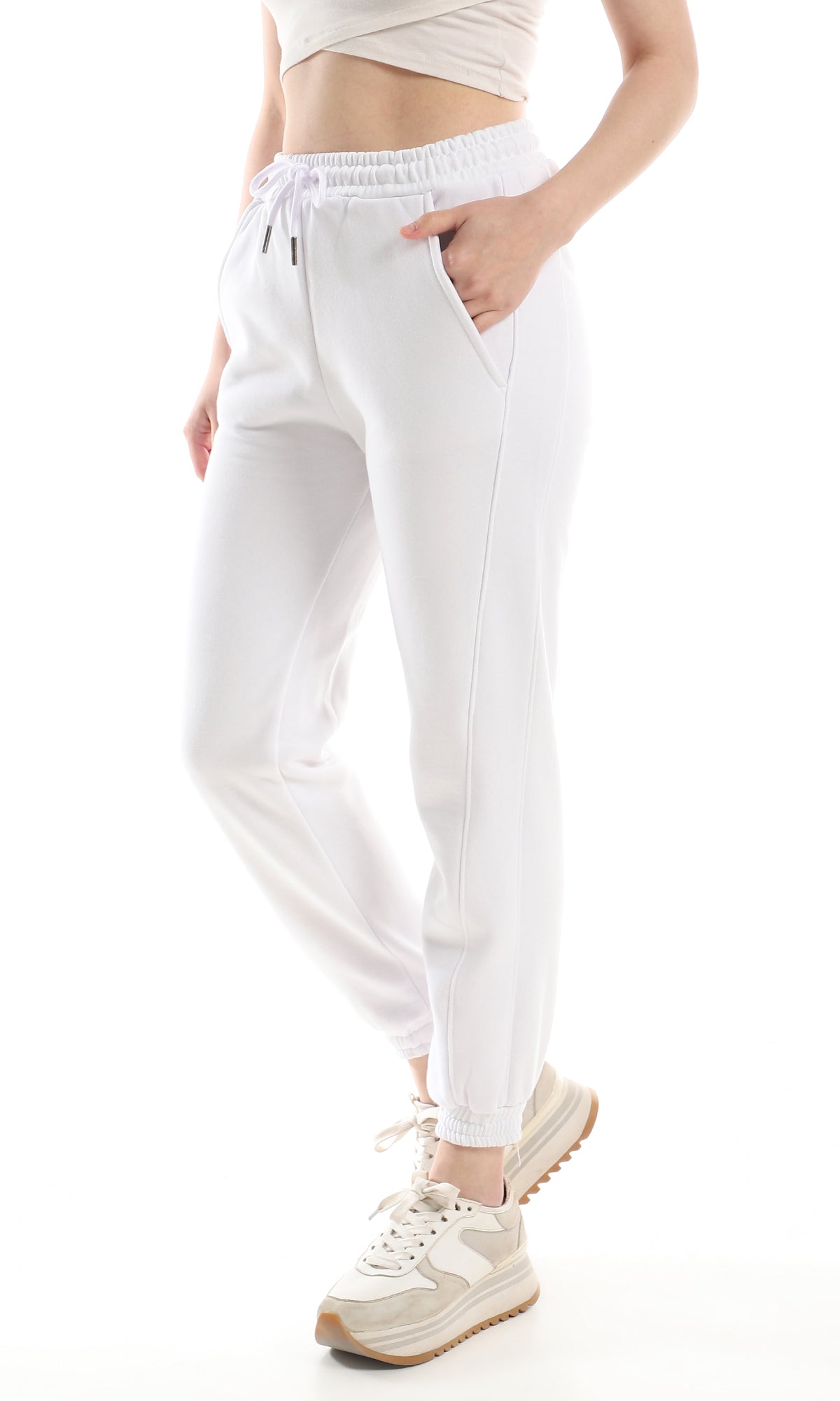 O162763 Inner Fleece Comfy Elastic Waist Pants - White