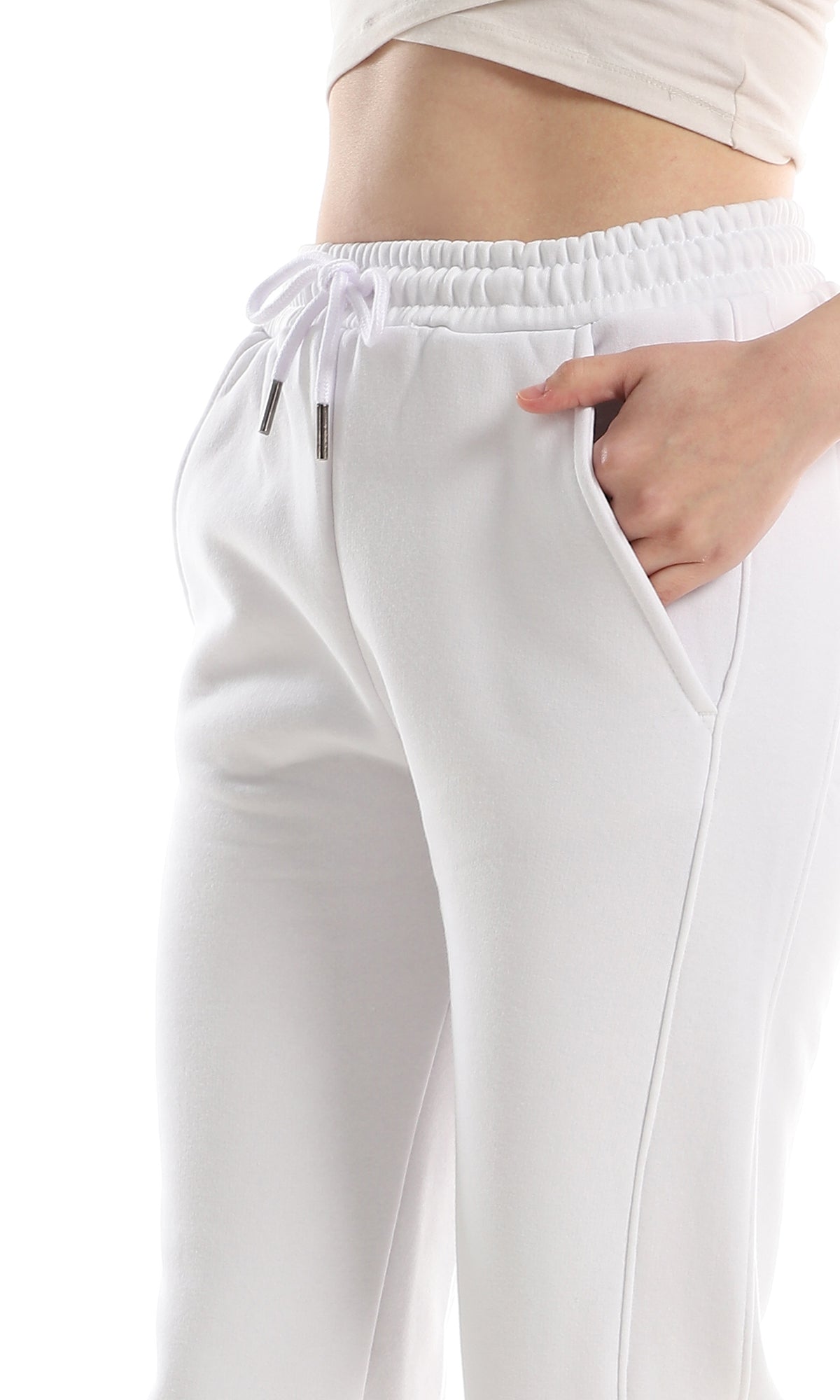 O162763 Inner Fleece Comfy Elastic Waist Pants - White