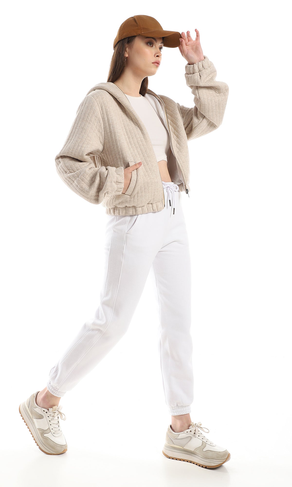 O162763 Inner Fleece Comfy Elastic Waist Pants - White