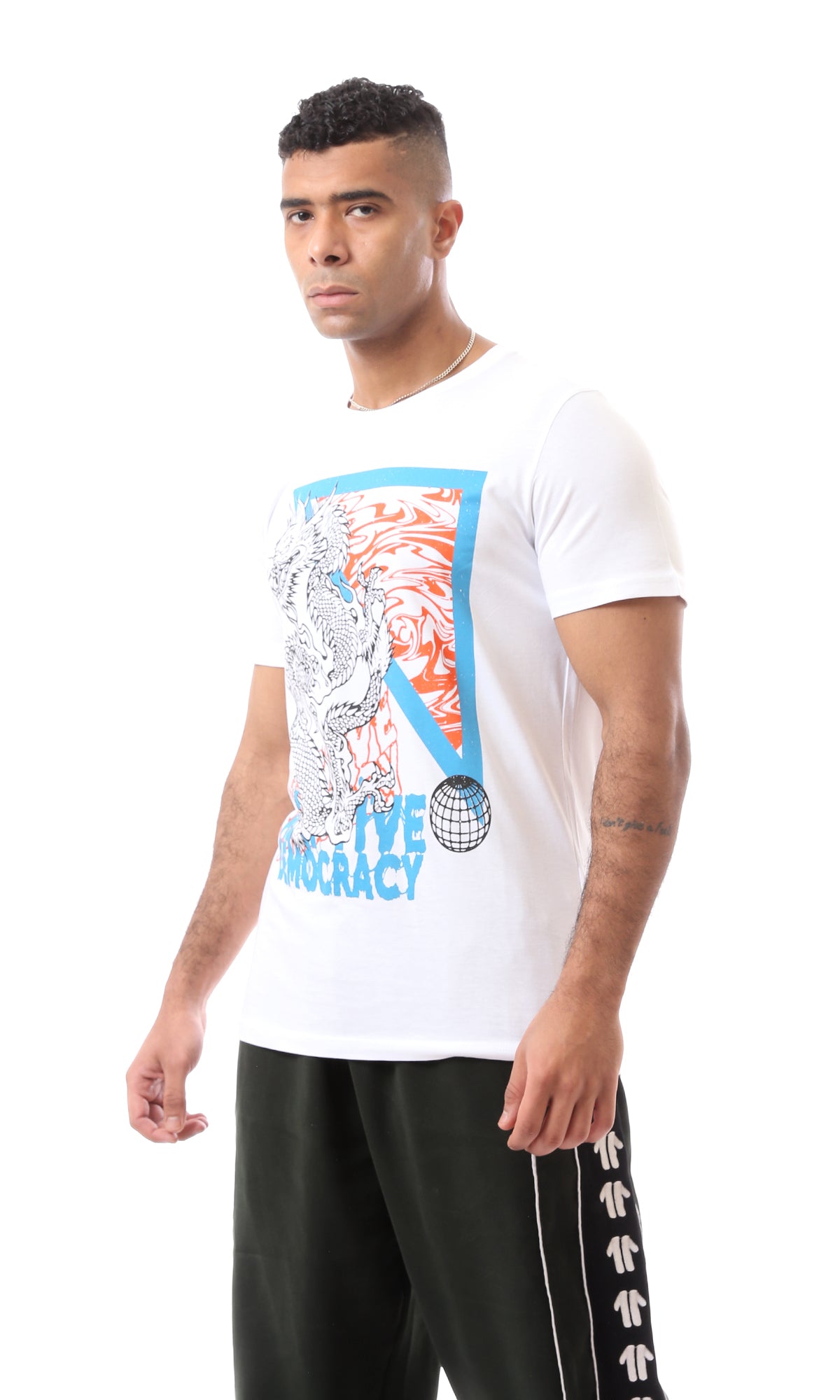 O163302 White Slip On Casual T-Shirt With Dragon Printed Pattern