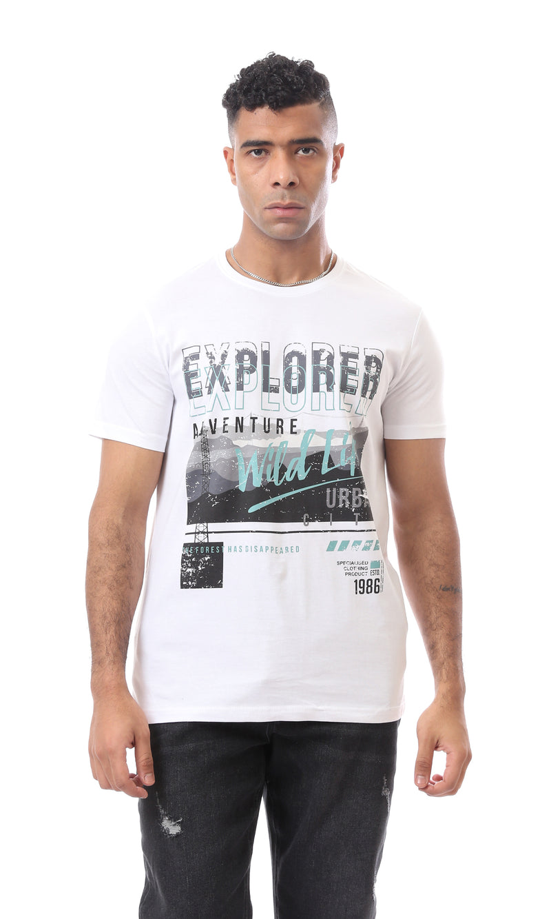 O163303 Comfy White T-Shirt With "Explorer Adventure" Printed Pattern