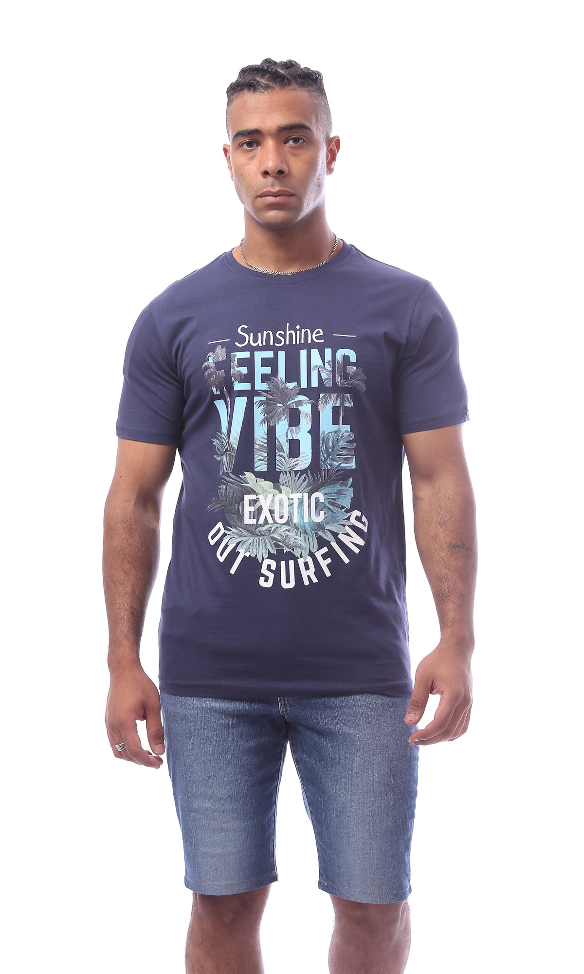 O163308 Navy Blue Printed Short Sleeve T-Shirt